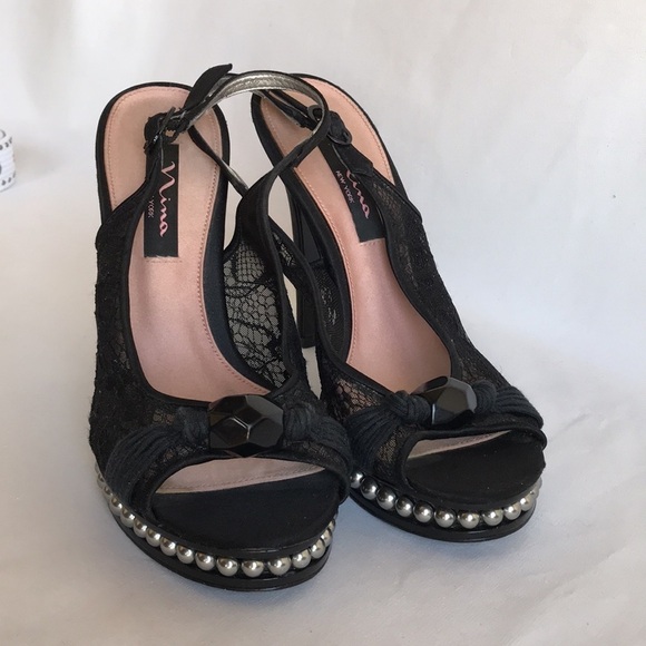 Nina New York black platform heels with ankle strap, pearl, bead, lace, size 7.5 - Picture 2 of 6